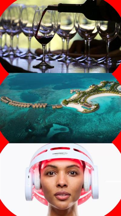 Third way split screen: Wine poured into a glass, island viewed from above, LED light helmet.