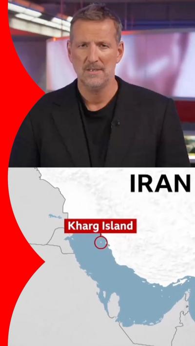 Split-screen image showing security analyst Mikey Kay on the top and a map of Kharg island's location on the bottom of the screen