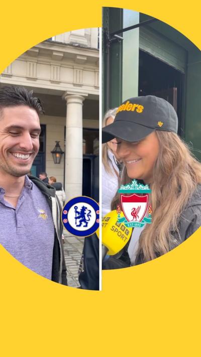 Split screen shows a man smiling in the street while being shown the Chelsea badge, and a woman smiling in the street while being shown the Arsenal badge 