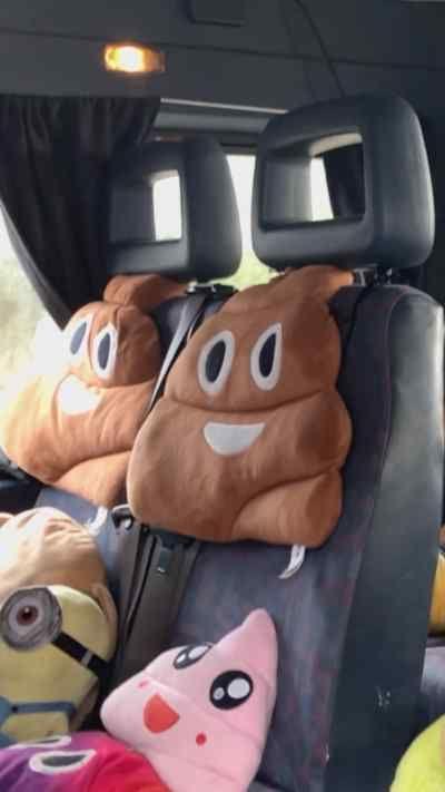 A bus with cushions on the seats. The cushions are smiling poo emojis.