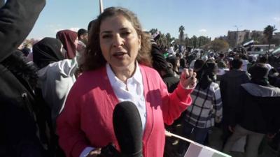 Lina Sinjab wearing a pink cardigan at a rally in Damascus