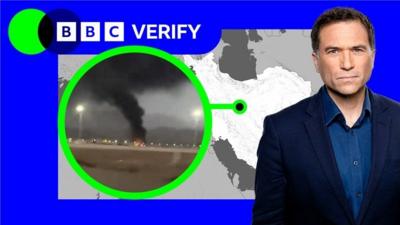 BBC Analysis Editor Ros Atkins overlay over a map of Iran showing an explosion