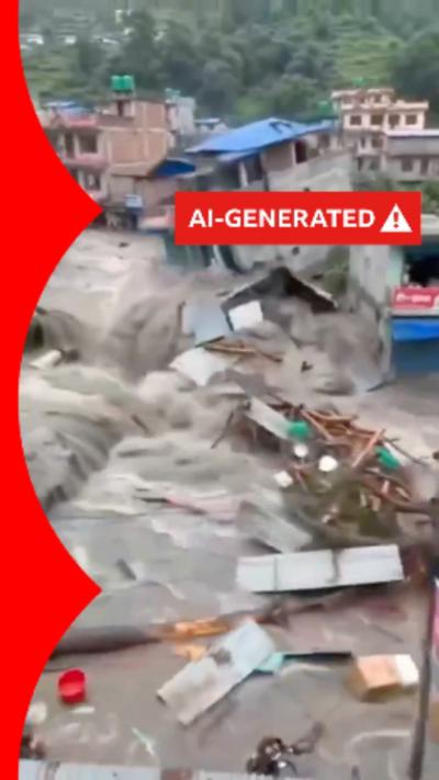 An AI-generated labelled image of floodwaters crashing through onto a Nepalese building.
