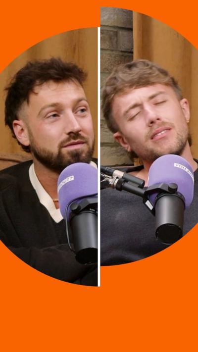Composite image of Sam Thompson and Roman Kemp with mics. Sam is looking at Roman, who has his eyes closed in frustration
