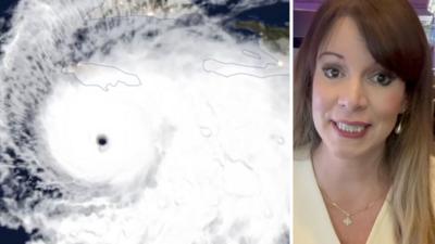 A composite image showing a map of a hurricane's path on the left, and Weather reporter Elizabeth Rizzini on the right.