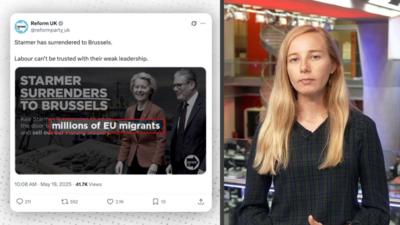 Split screen image: Right, a woman with blonde hair, BBC Verify presenter. Left, a screenshot of Reform UK twitter.