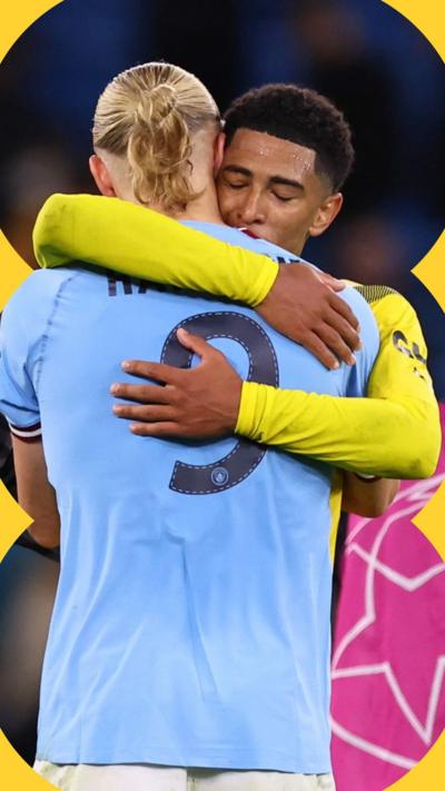 Haaland and Bellingham embrace after a Champions League match