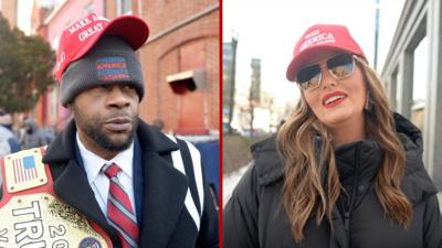 Split screen of a man and a woman, both wearing MAGA hats