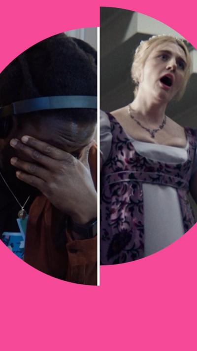 Split screen: A frustrated man holding his head in his hands, a woman dressed in period clothing, overacting