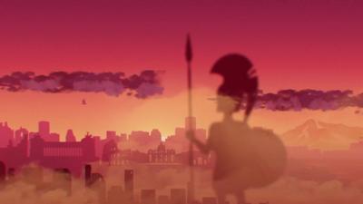 Image of an ancient soldier with a spear overshadowing a cityscape with a red sky