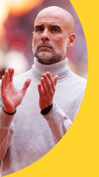 Pep Guardiola is wearing a light grey jumper and is clapping his hands
