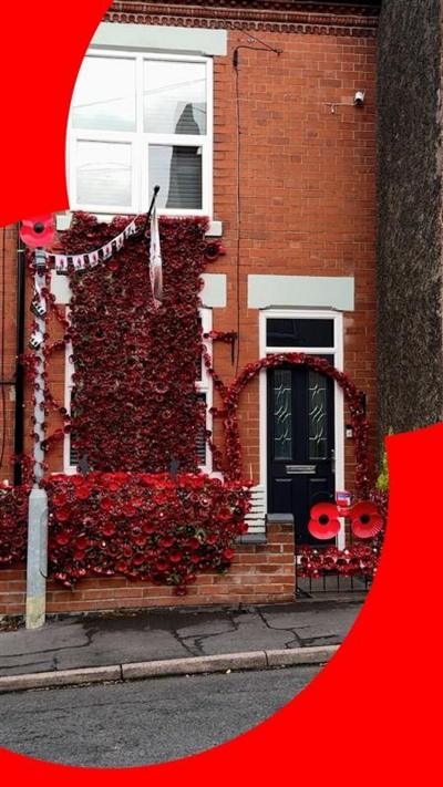 A house covered in poppies made from plastic bottles