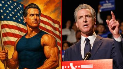 Split screen image showing an AI-generated photo of Gavin Newsom holding an American flag on the left and a photo of him speaking behind a podium on the right.