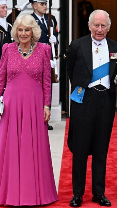 Queen Camilla wears a pink gown and bold jewellery, while King Charles III wears a black long suit with a blue sash. They are standing outside the White House on a red carpet.