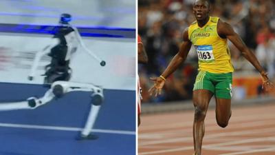 Composite image of robot on the track next to a file photo of Bolt sprinting on a track
