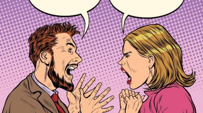 Comic book style image of a man and woman shouting at each other