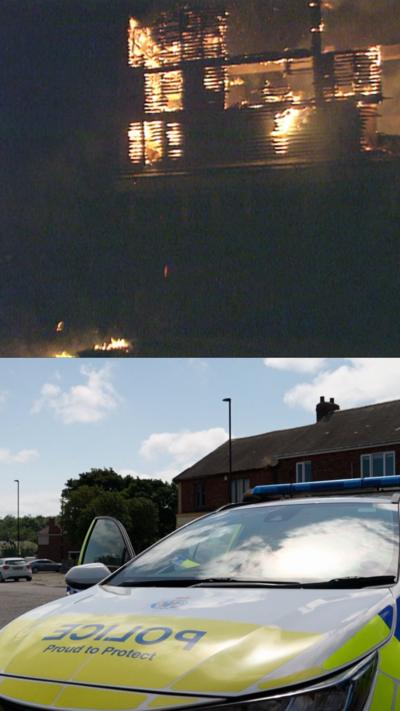 Split image showing a building engulfed in flames at night above a marked police car parked on a residential street in daylight.