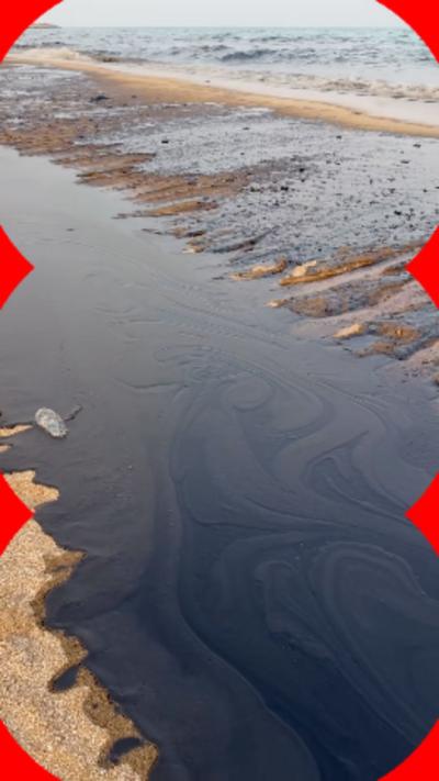 Aerial view of an oil slick on a beach.