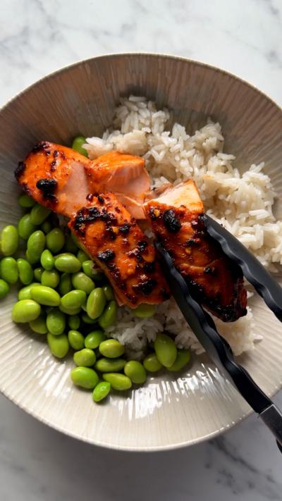 Hot honey salmon rice bowl
