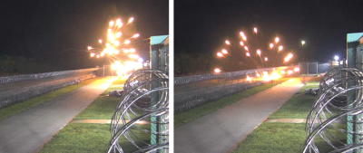 Exploding fireworks (explosives) thrown at the Prairieland facility by Antifa Cell members, captured by surveillance cameras.
