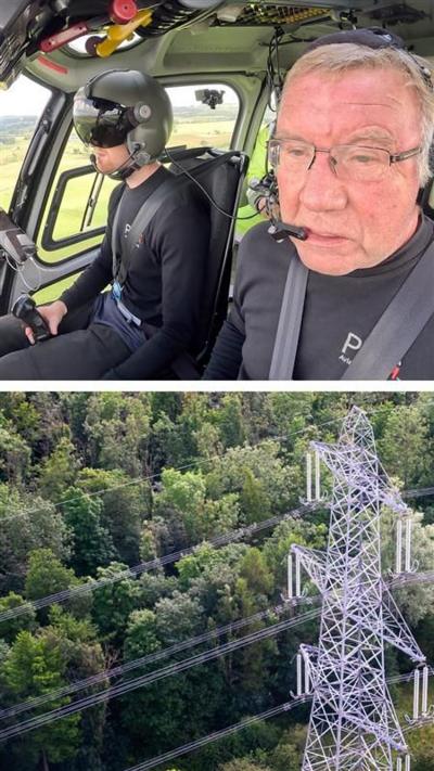 Split image. Top: pilot and passenger in a helicopter cockpit. Bottom: aerial view of electricity pylons.