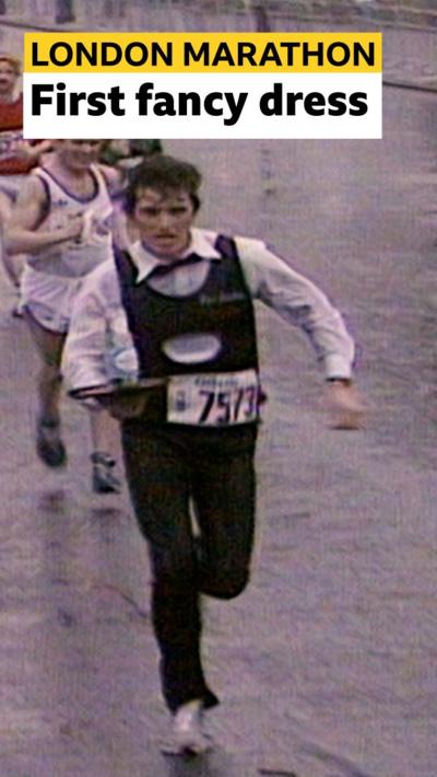 Roger Bourban running as a waiter in the London Marathon 1981 