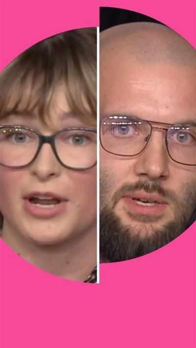 One young woman on the left talking wearing glasses and a young man talking wearing glasses with a beard