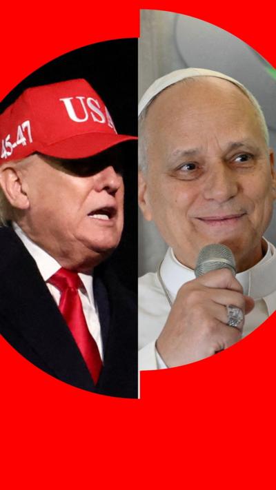 Two vertical side-by-side images of US President Donald Trump and Pope Leo.
Trump is wearing a suit and a red baseball cap. The Pope is dressed in white papal garments.