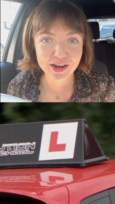 A split screen with Olivia in a car above and a red car below with a Learner sign on top of it. 