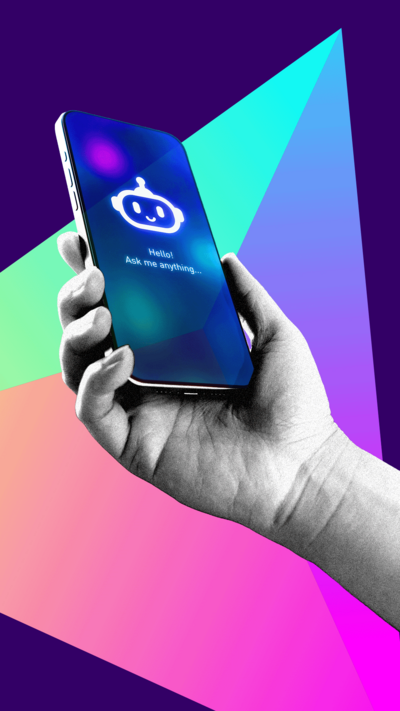 A designed image of a hand holding a phone with an AI chatbox on screen and the words "Hello! Ask me anything..."