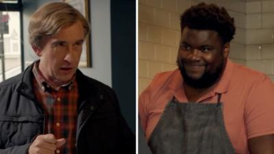 Composite image of Alan Partridge and a barista looking at each other over the counter 