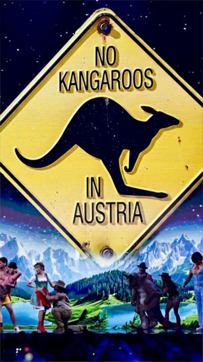An image of a yellow sign with a picture of a kangaroo that reads 'no kangaroos in Austria'