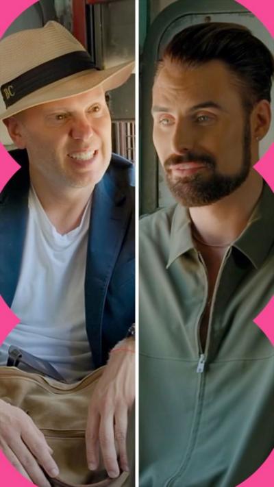 Split screen: Rob on the left, wearing sun hat, Rylan on the left, in a green shirt.