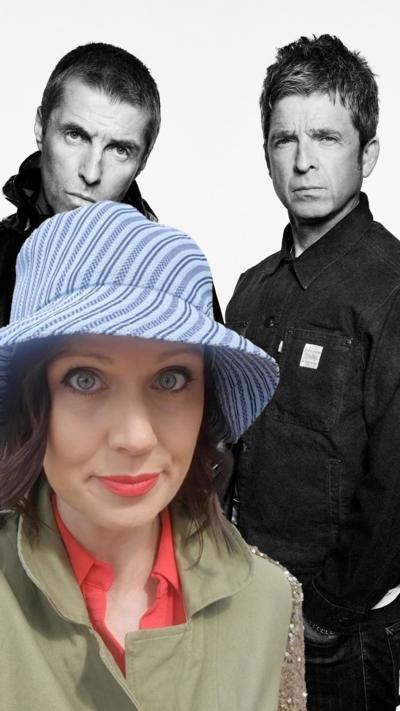 A composite image which includes a black and white image of the Gallagher brothers, in front is weather presenter Alex Humphreys who has short brown hair which is curled a blue bucket hat and a green parka