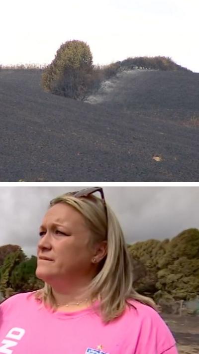 A woman is wearing a pink t-shirt and has blonde hair, she is standing in the middle of a charred field. 