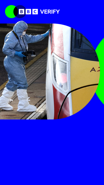 A BBC Verify-branded image, including a forensics officer standing on train platform next to the train.