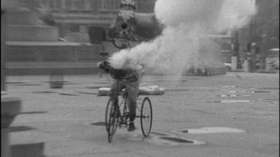 Wilf Lunn rides his homemade protest bike.