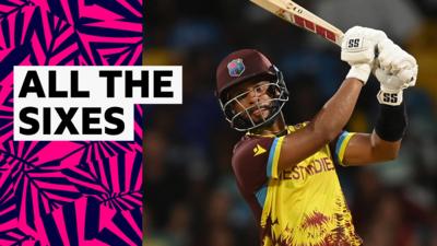 West Indies' Shai Hope hits a six against USA