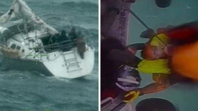 Split screen showing boat that lost sail and aerial rescue of two sailors.