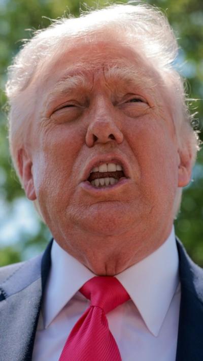 Donald Trump speaks to the press while wearing a blue suit and bright pink tie.