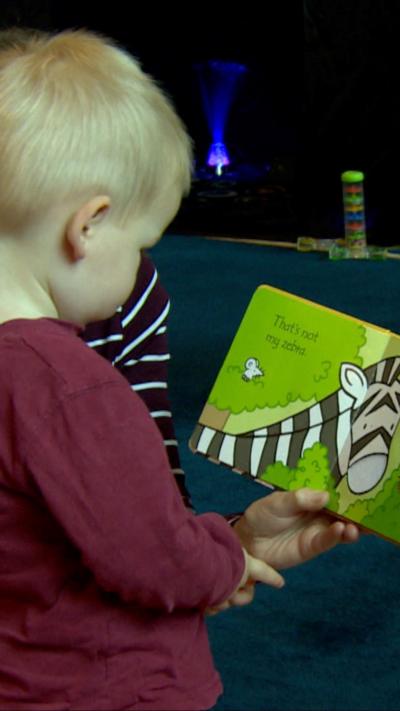 A child reading a green book