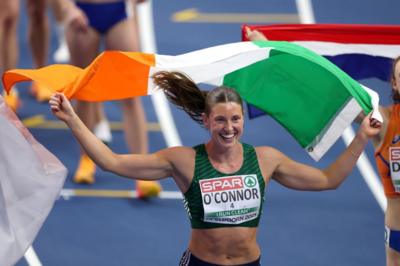 Kate O'Connor celebrates as she secures a European Indoor pentathlon  bronze medal