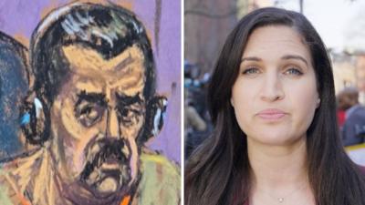 Splitscreen. Left, a court sketch of Maduro. Right, a shot of Nada Tawfik