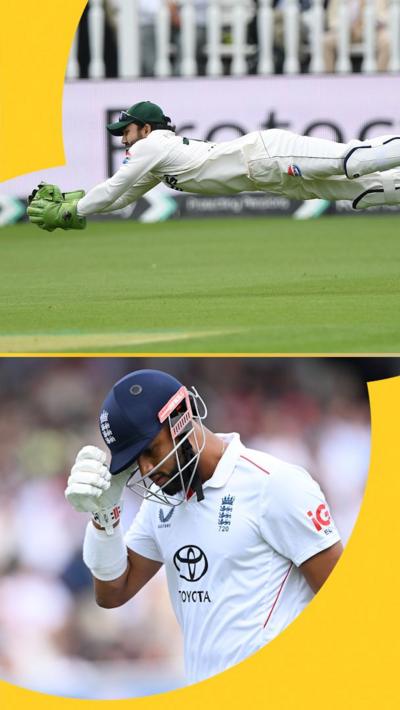 Muhammad Rizwan diving to catch the ball while Emilio Gay looks at the floor and walks from the crease
