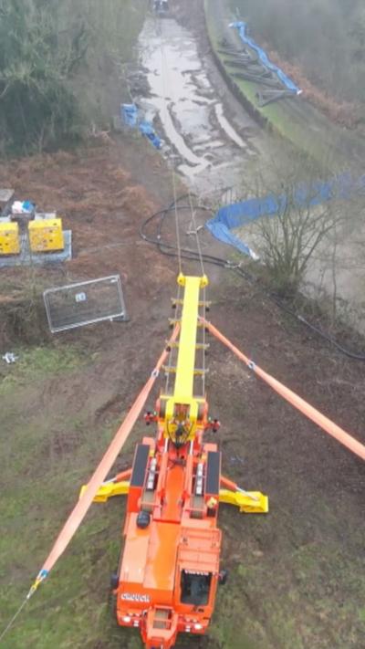 Narrowboat Ganymede was winched out of the hole created by the breach in the Llangollen Canal