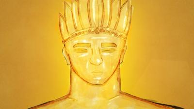 Illustration of a golden man wearing a golden feathered crown