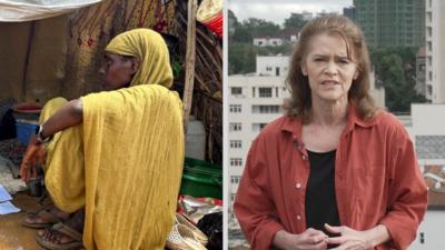 Split screen image of displaced Sudanese woman and the BBC's Barbara Plett Usher