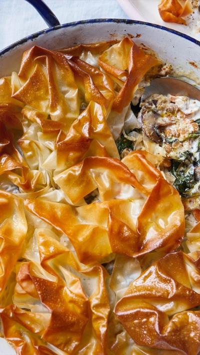 creamy mushroom pie with a crispy filo pastry top