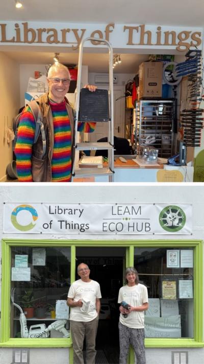 Composite image. Top photo is a man in a rainbow jumper inside a shop. Bottom is a man and woman in white t-shirts outside the shop
