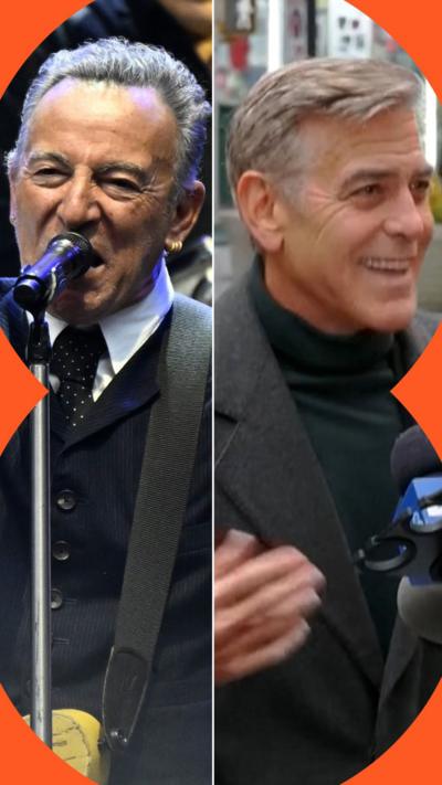 Bruce Springsteen singing into a mic, and George Clooney, wearing black.